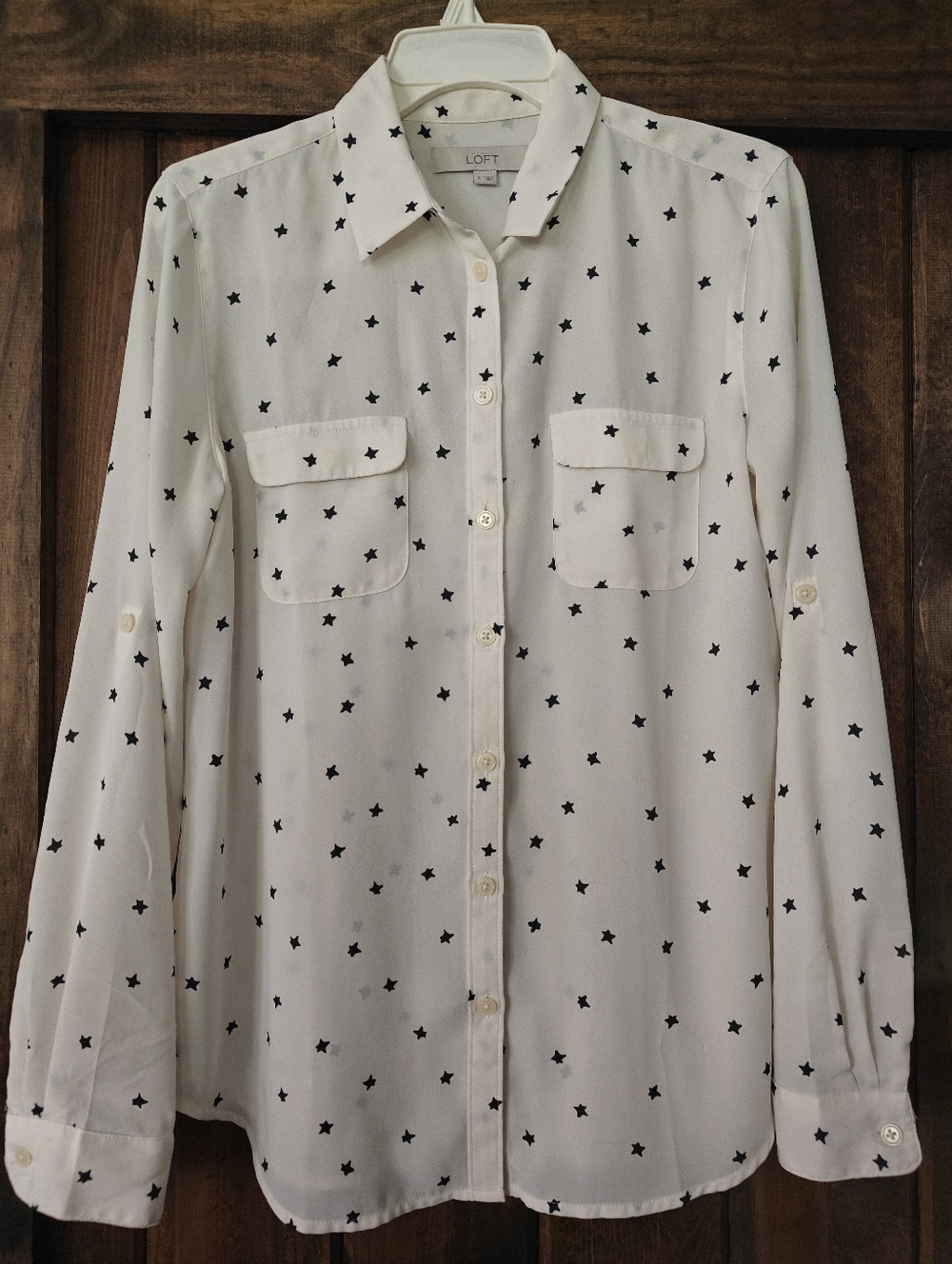 LOFT Cream Blouse with Black Star Print